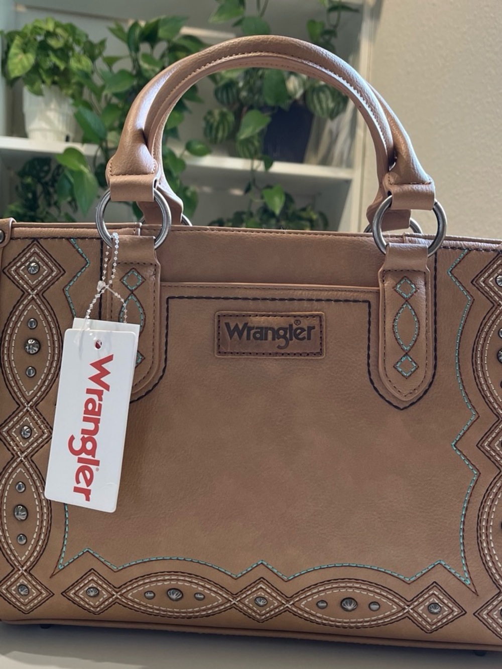 Wrangler Tan Embroidered Tote with Stud Accents
